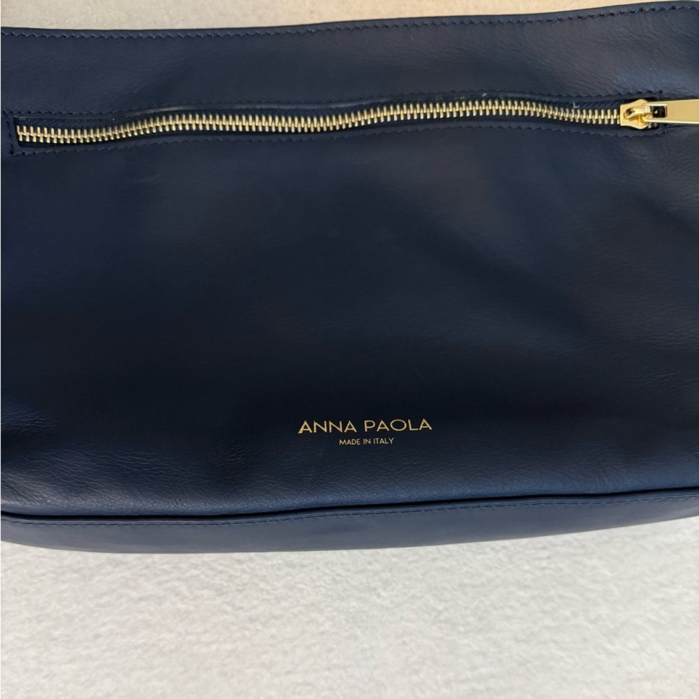 Anna Paola Leather Basketweave Zip Top Brit Shoulder Bag Made in Italy Navy Blue - Picture 6 of 10